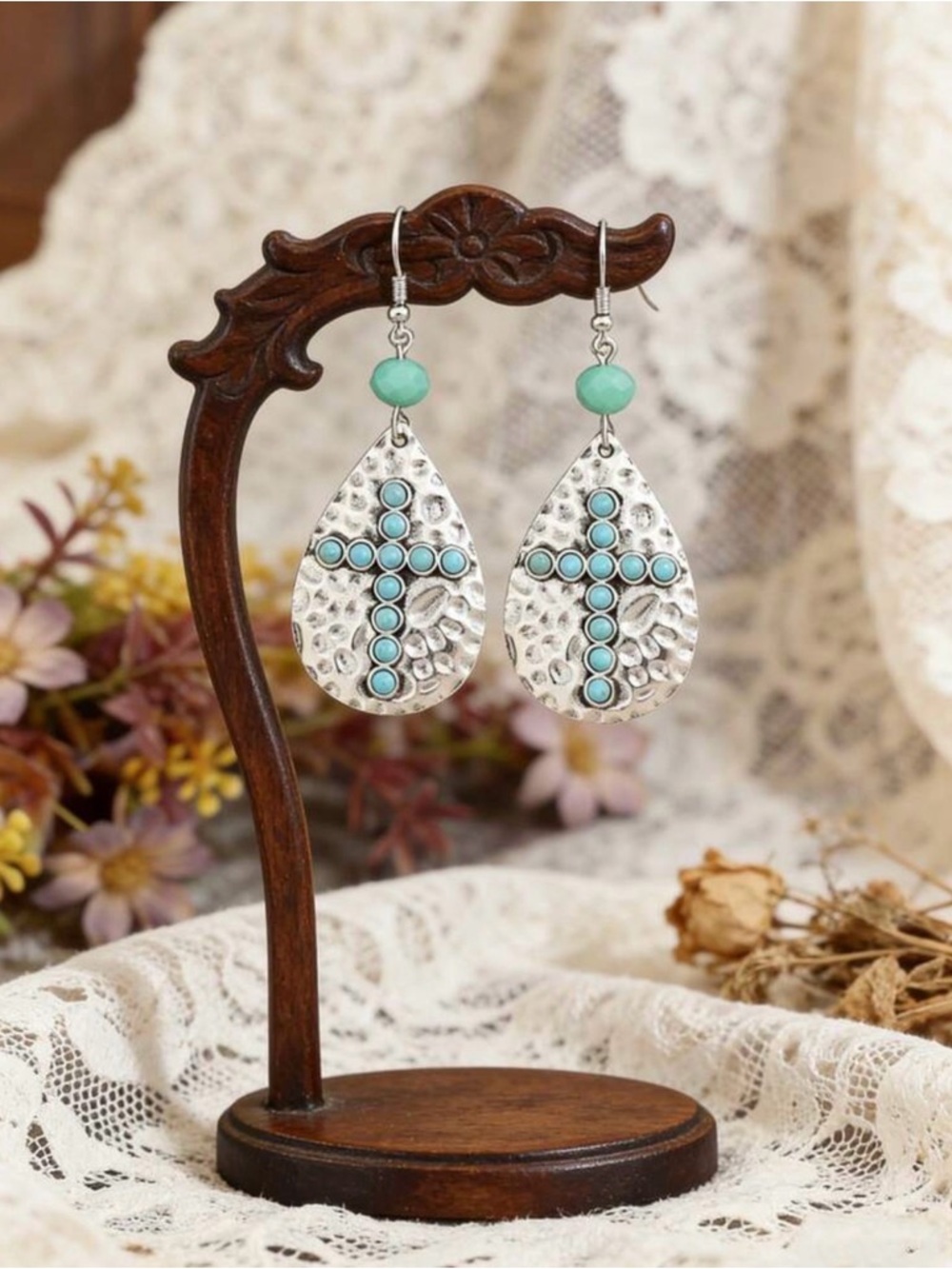 Turquoise‎ Cross Teardrop Dangle Earrings